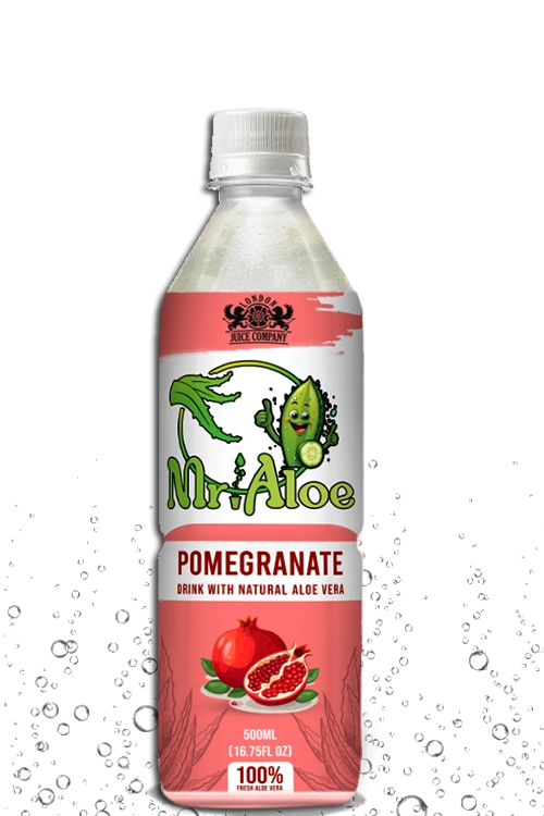 Mr. Aloe Pomegranate flavor in a vibrant 500ml bottle packed with natural aloe vera goodness.